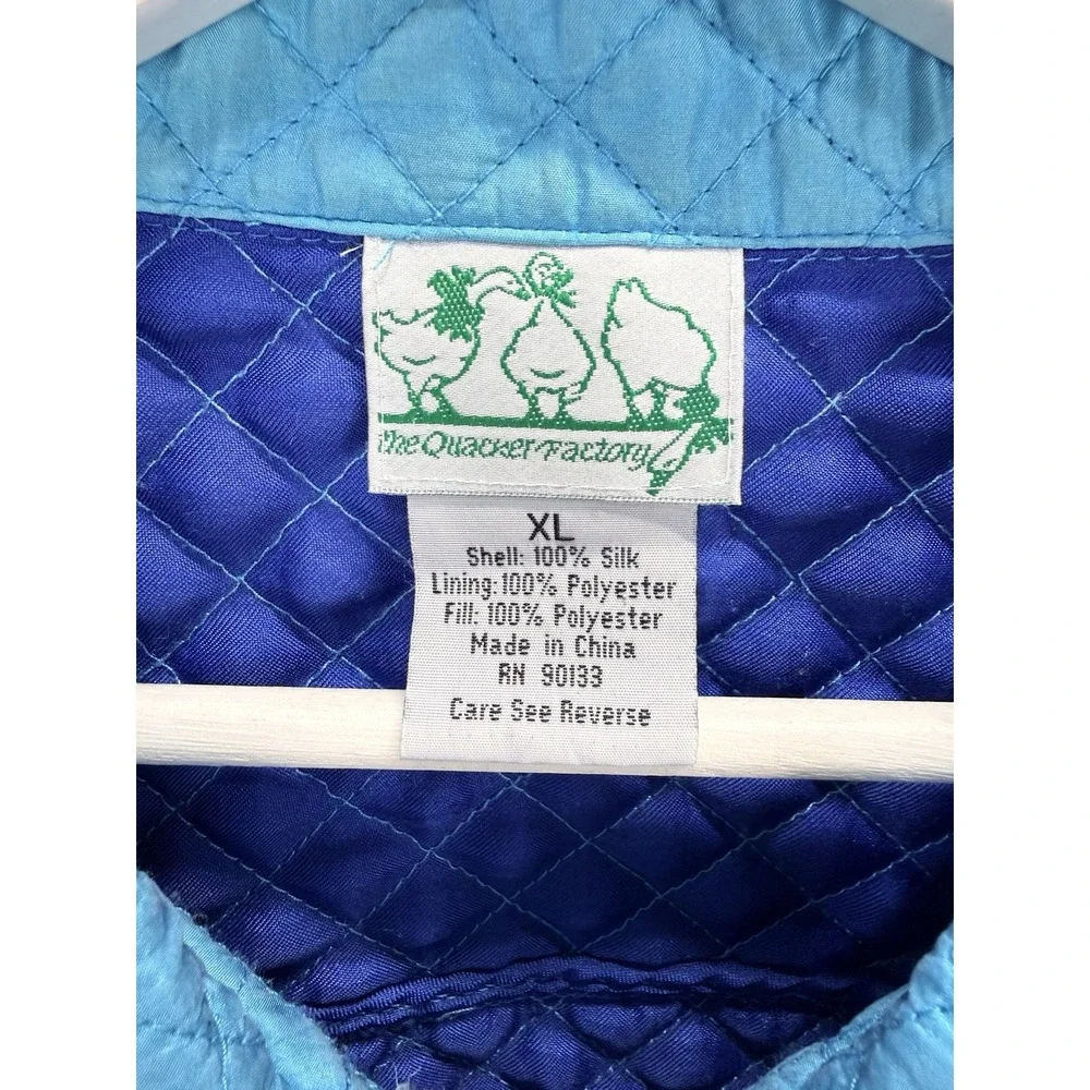 Quacker Factory Jacket Women's Sz XL Blue Silk Quilted Rhinestones‎ Coat Pockets